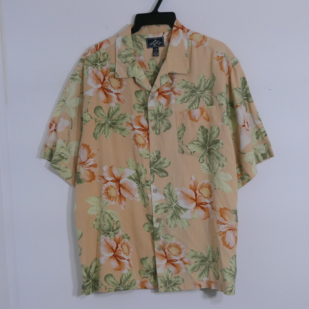 Bermuda Bay Men Camp Shirt L Peach 100% Silk Floral Tropical Aloha Vacation Luau